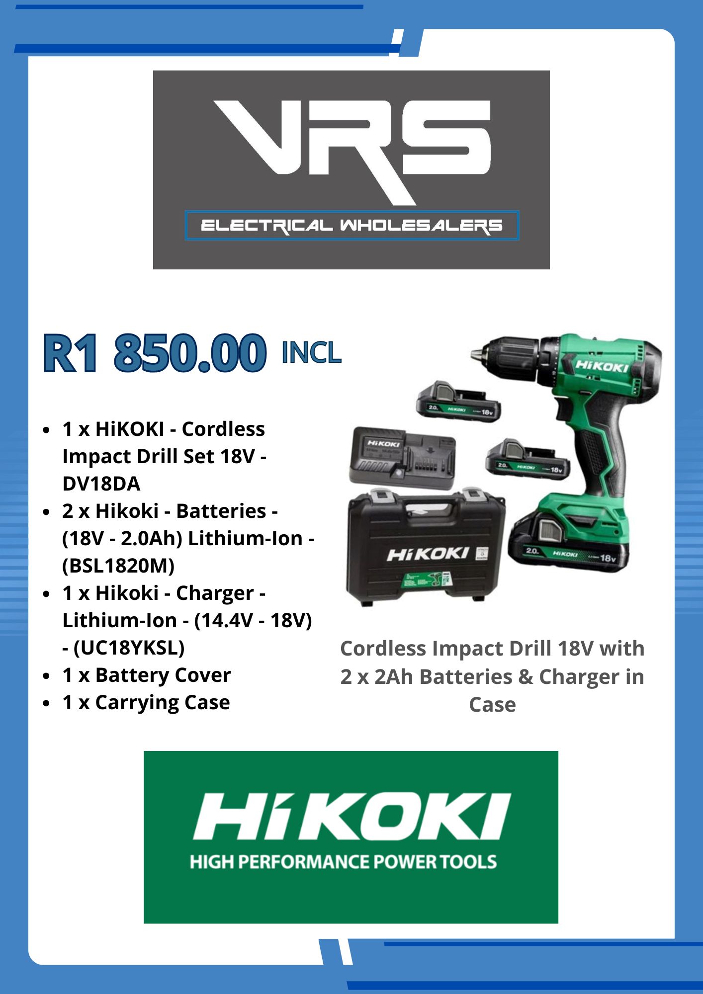 HIKOKI-Cordless impact drill 18V with 2x2Ah batteries & amp; amp charger